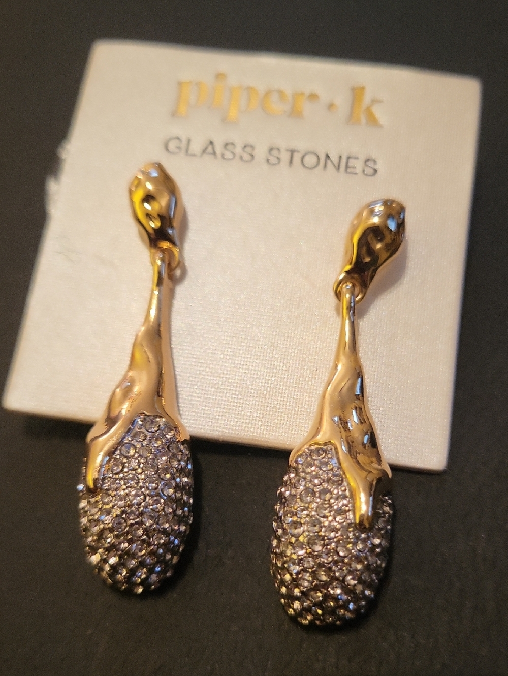 Piper K Gold Crystal Pave Teardrop Dangle Earrings BNWT TE